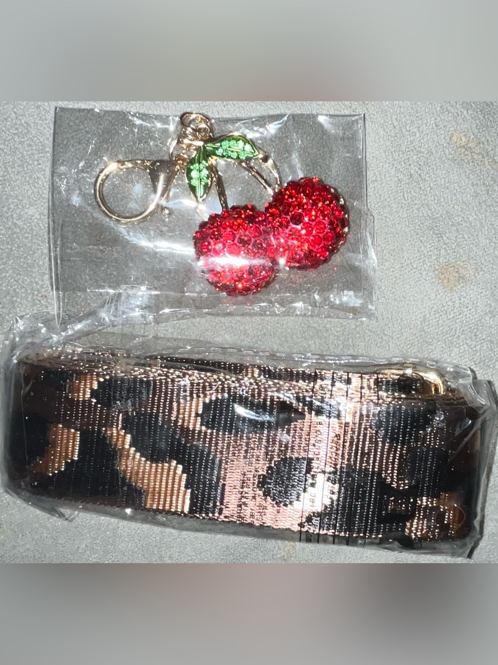 For Sandymas Rhinestone Cherry Bag Charm & Animal Print Guitar Style Strap